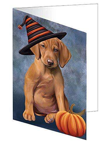 Happy Halloween Vizsla Dog Wearing Witch Hat with Pumpkin Handmade Artwork Assorted Pets Greeting Cards and Note Cards with Envelopes for All Occasions and Holiday Seasons