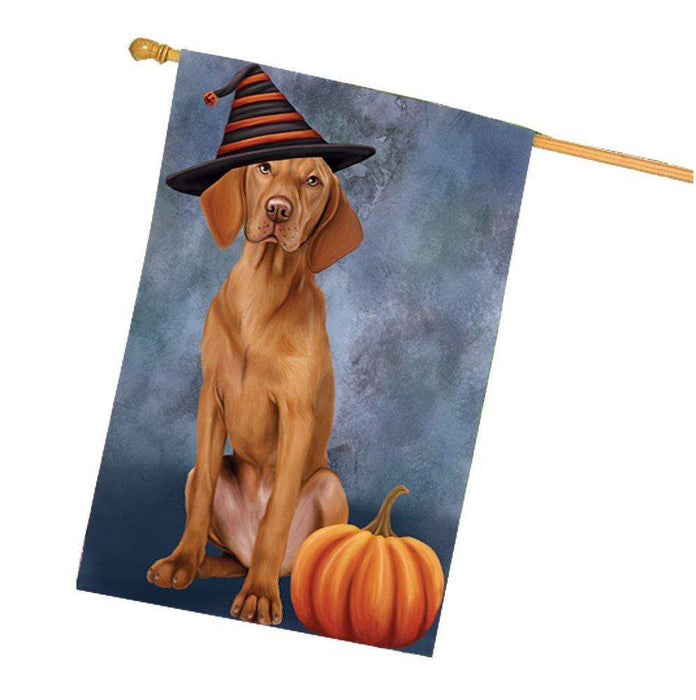 Happy Halloween Vizsla Dog Wearing Witch Hat with Pumpkin House Flag