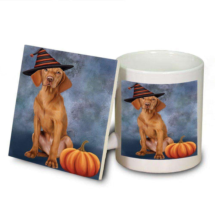 Happy Halloween Vizsla Dog Wearing Witch Hat with Pumpkin Mug and Coaster Set