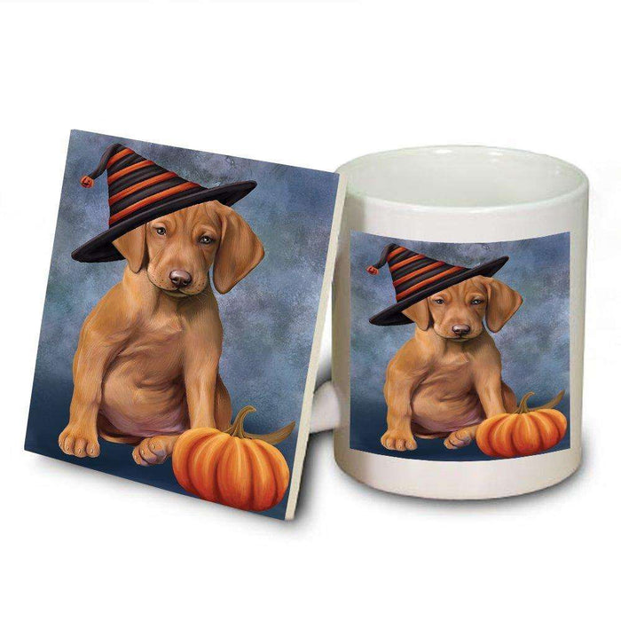 Happy Halloween Vizsla Dog Wearing Witch Hat with Pumpkin Mug and Coaster Set