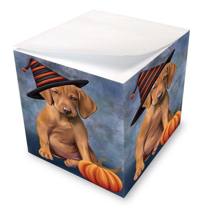 Happy Halloween Vizsla Dog Wearing Witch Hat with Pumpkin Note Cube