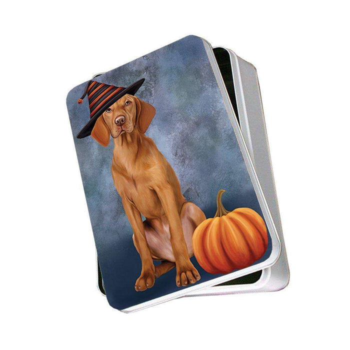 Happy Halloween Vizsla Dog Wearing Witch Hat with Pumpkin Photo Storage Tin