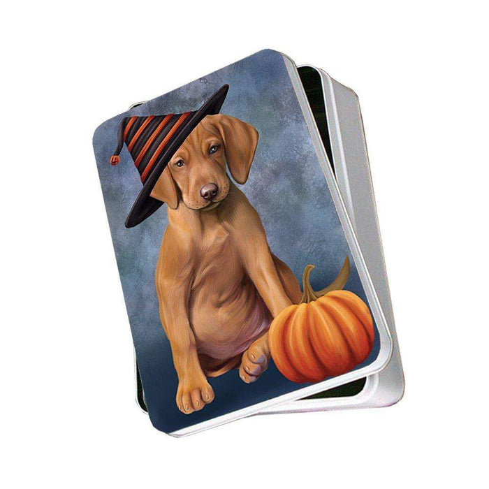 Happy Halloween Vizsla Dog Wearing Witch Hat with Pumpkin Photo Storage Tin