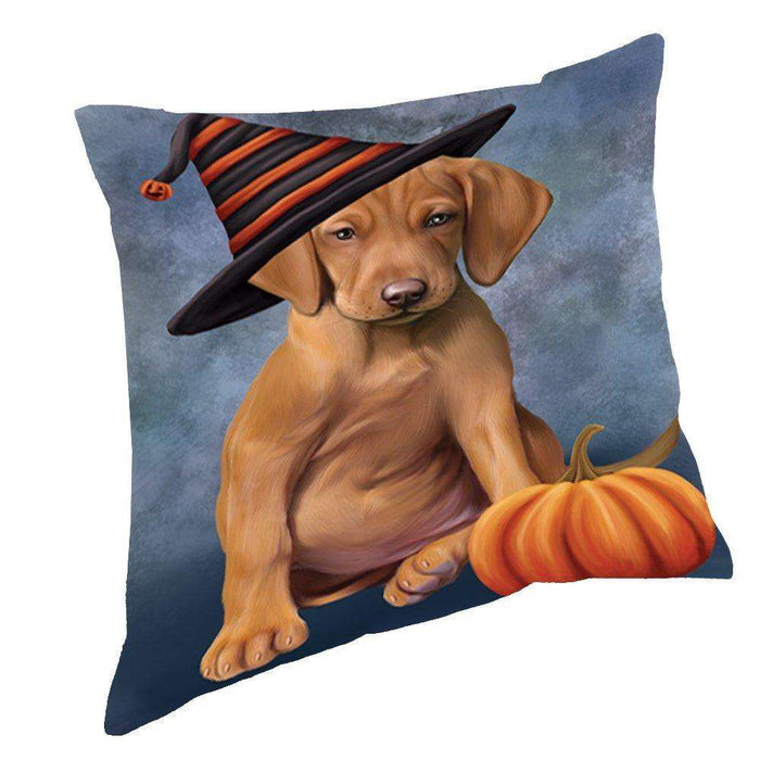 Happy Halloween Vizsla Dog Wearing Witch Hat with Pumpkin Throw Pillow
