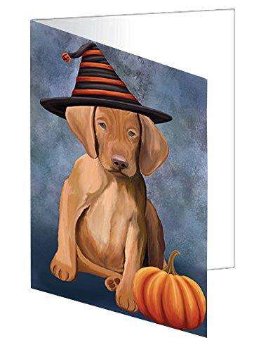 Happy Halloween Vizsla Puppy Dog Wearing Witch Hat with Pumpkin Handmade Artwork Assorted Pets Greeting Cards and Note Cards with Envelopes for All Occasions and Holiday Seasons D148