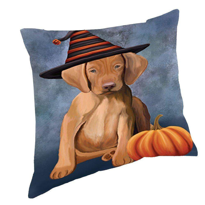 Happy Halloween Vizsla Puppy Dog Wearing Witch Hat with Pumpkin Throw Pillow D219