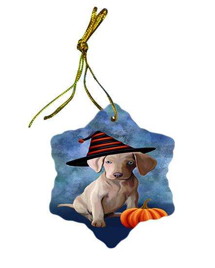 Happy Halloween Weimaraner Dog Wearing Witch Hat with Pumpkin Ceramic Doily Ornament DPOR54935