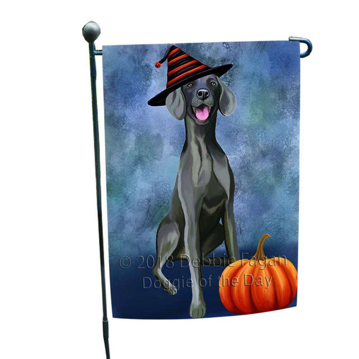 Happy Halloween Weimaraner Dog Wearing Witch Hat with Pumpkin Garden Flag GFLG54996