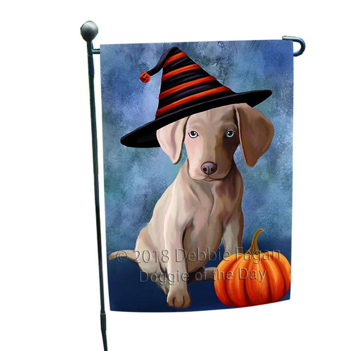 Happy Halloween Weimaraner Dog Wearing Witch Hat with Pumpkin Garden Flag GFLG54997