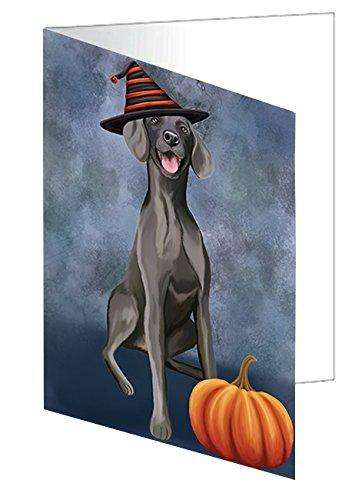 Happy Halloween Weimaraner Dog Wearing Witch Hat with Pumpkin Handmade Artwork Assorted Pets Greeting Cards and Note Cards with Envelopes for All Occasions and Holiday Seasons D149
