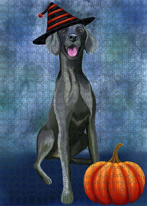 Happy Halloween Weimaraner Dog Wearing Witch Hat with Pumpkin Puzzle with Photo Tin PUZL86892