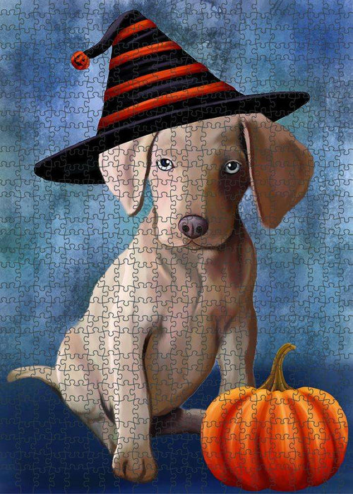 Happy Halloween Weimaraner Dog Wearing Witch Hat with Pumpkin Puzzle with Photo Tin PUZL86896