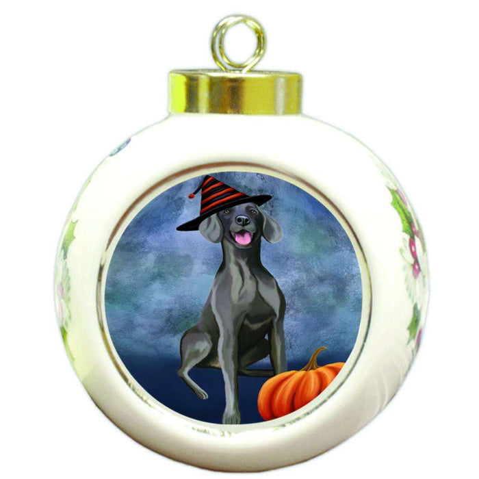 Happy Halloween Weimaraner Dog Wearing Witch Hat with Pumpkin Round Ball Christmas Ornament RBPOR54934