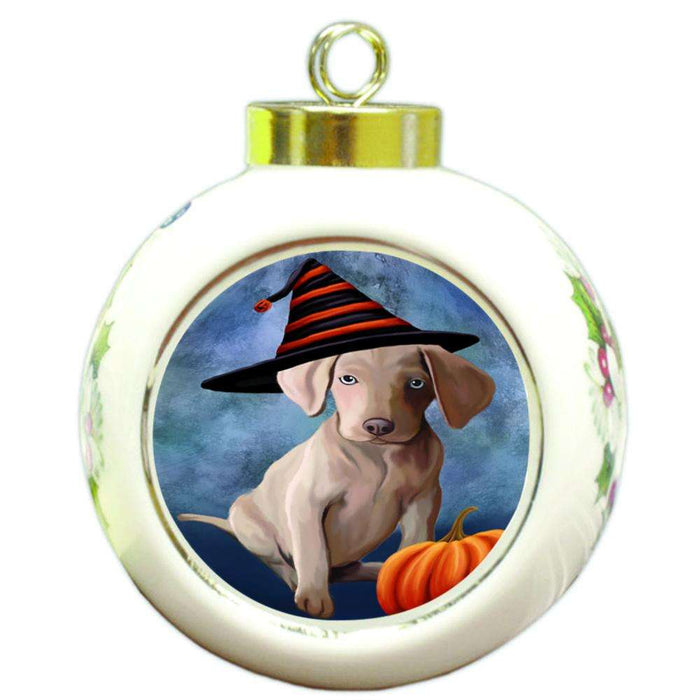 Happy Halloween Weimaraner Dog Wearing Witch Hat with Pumpkin Round Ball Christmas Ornament RBPOR54935