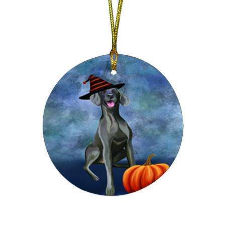 Happy Halloween Weimaraner Dog Wearing Witch Hat with Pumpkin Round Flat Christmas Ornament RFPOR54925