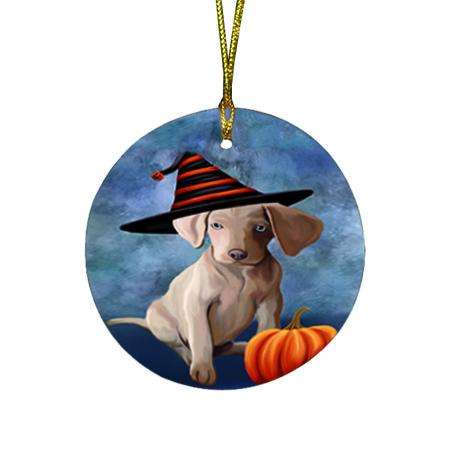 Happy Halloween Weimaraner Dog Wearing Witch Hat with Pumpkin Round Flat Christmas Ornament RFPOR54926
