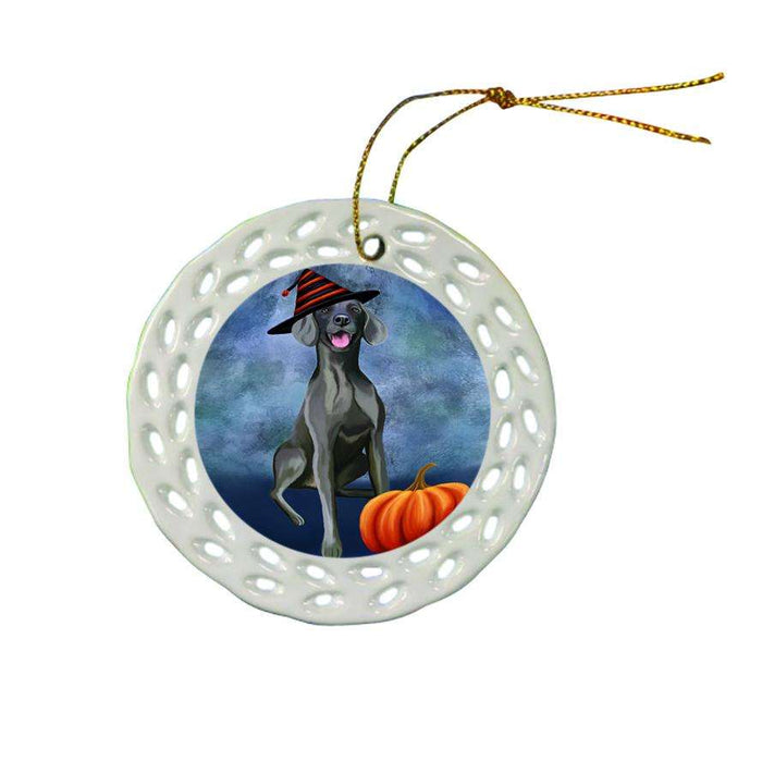 Happy Halloween Weimaraner Dog Wearing Witch Hat with Pumpkin Star Porcelain Ornament SPOR54925