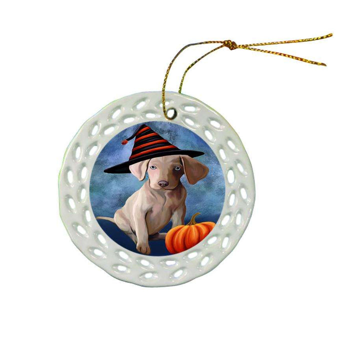 Happy Halloween Weimaraner Dog Wearing Witch Hat with Pumpkin Star Porcelain Ornament SPOR54926