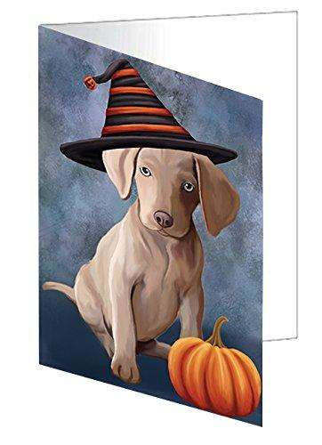 Happy Halloween Weimaraner Puppy Dog Wearing Witch Hat with Pumpkin Handmade Artwork Assorted Pets Greeting Cards and Note Cards with Envelopes for All Occasions and Holiday Seasons D152