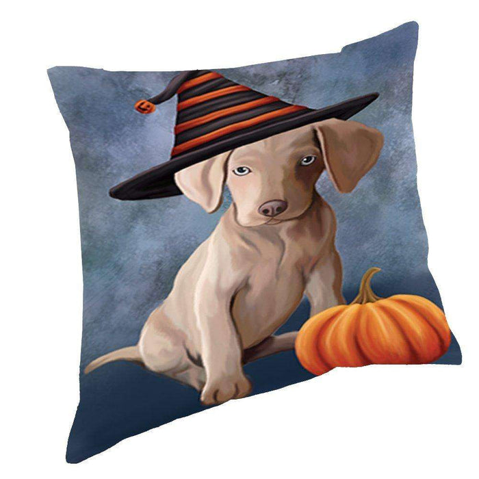 Happy Halloween Weimaraner Puppy Dog Wearing Witch Hat with Pumpkin Throw Pillow D223