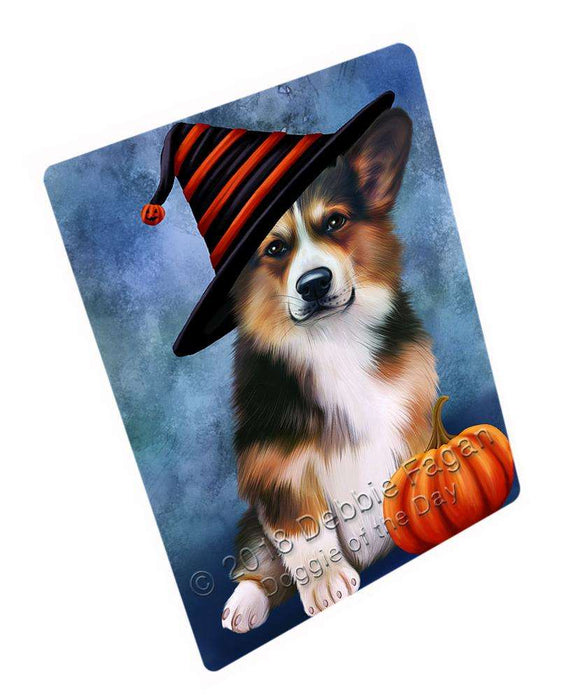 Happy Halloween Welsh Corgi Dog Wearing Witch Hat with Pumpkin Cutting Board C69261