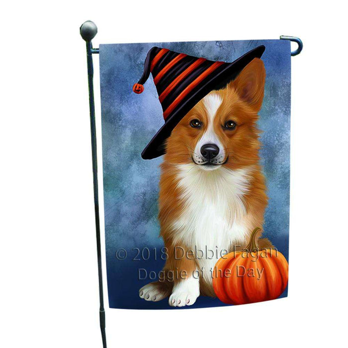 Happy Halloween Welsh Corgi Dog Wearing Witch Hat with Pumpkin Garden Flag GFLG54998