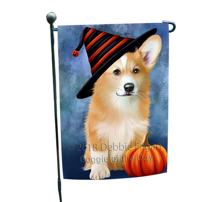 Happy Halloween Welsh Corgi Dog Wearing Witch Hat with Pumpkin Garden Flag GFLG54999