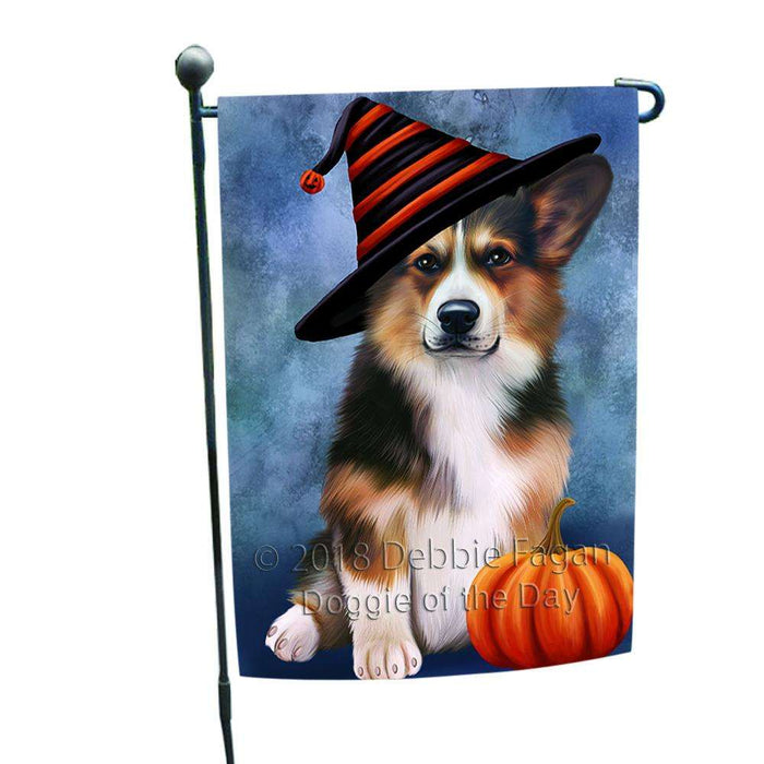 Happy Halloween Welsh Corgi Dog Wearing Witch Hat with Pumpkin Garden Flag GFLG55001