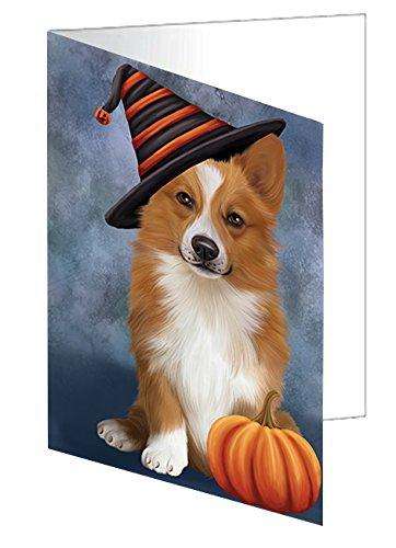 Happy Halloween Welsh Corgi Dog Wearing Witch Hat with Pumpkin Handmade Artwork Assorted Pets Greeting Cards and Note Cards with Envelopes for All Occasions and Holiday Seasons D153