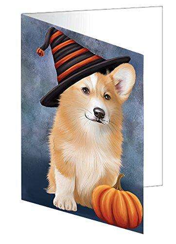 Happy Halloween Welsh Corgi Dog Wearing Witch Hat with Pumpkin Handmade Artwork Assorted Pets Greeting Cards and Note Cards with Envelopes for All Occasions and Holiday Seasons D155