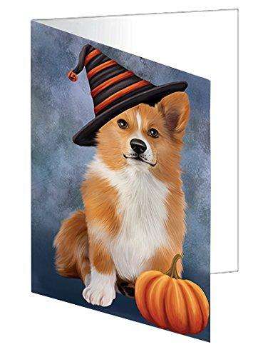 Happy Halloween Welsh Corgi Dog Wearing Witch Hat with Pumpkin Handmade Artwork Assorted Pets Greeting Cards and Note Cards with Envelopes for All Occasions and Holiday Seasons D157