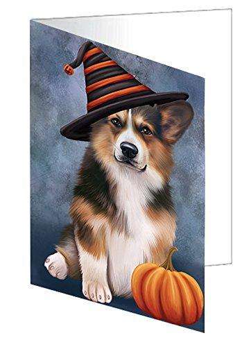 Happy Halloween Welsh Corgi Dog Wearing Witch Hat with Pumpkin Handmade Artwork Assorted Pets Greeting Cards and Note Cards with Envelopes for All Occasions and Holiday Seasons D159