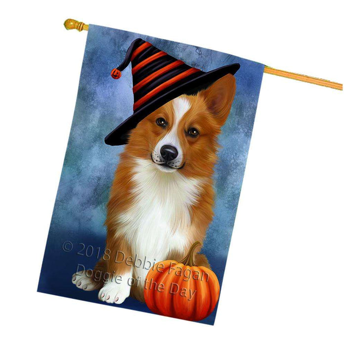 Happy Halloween Welsh Corgi Dog Wearing Witch Hat with Pumpkin House Flag FLG55134