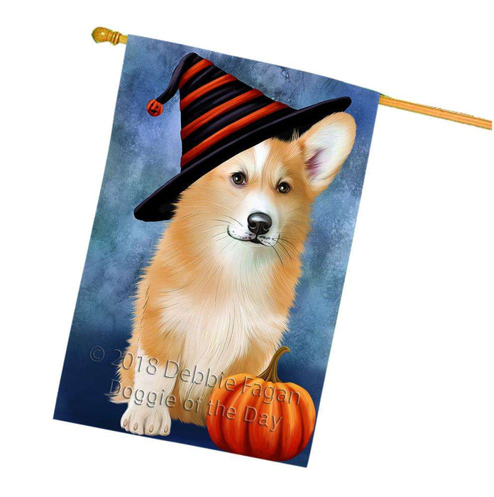 Happy Halloween Welsh Corgi Dog Wearing Witch Hat with Pumpkin House Flag FLG55135