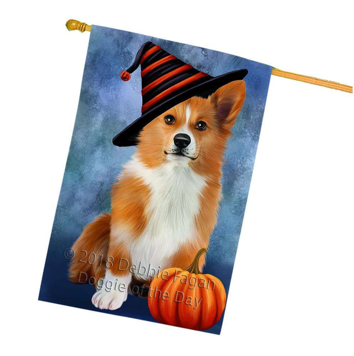 Happy Halloween Welsh Corgi Dog Wearing Witch Hat with Pumpkin House Flag FLG55136