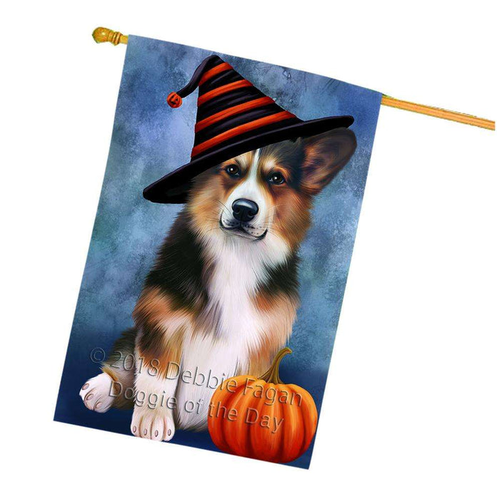 Happy Halloween Welsh Corgi Dog Wearing Witch Hat with Pumpkin House Flag FLG55137