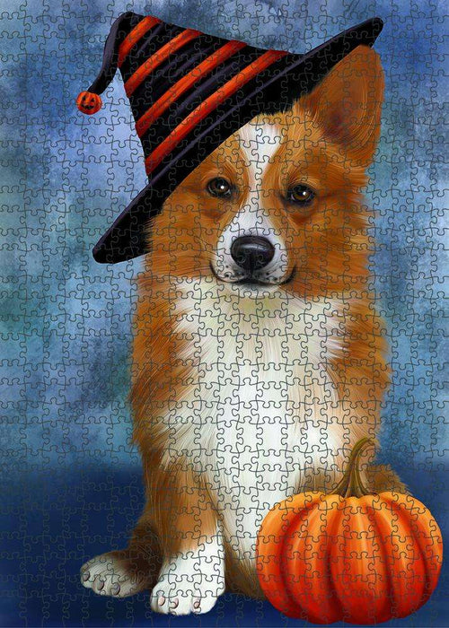 Happy Halloween Welsh Corgi Dog Wearing Witch Hat with Pumpkin Puzzle with Photo Tin PUZL86900