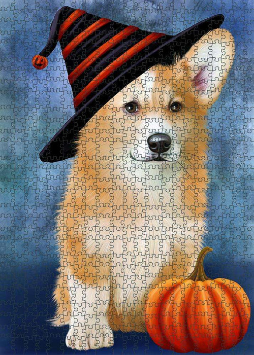 Happy Halloween Welsh Corgi Dog Wearing Witch Hat with Pumpkin Puzzle with Photo Tin PUZL86904