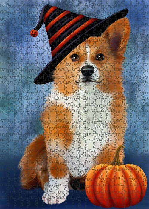 Happy Halloween Welsh Corgi Dog Wearing Witch Hat with Pumpkin Puzzle with Photo Tin PUZL86908
