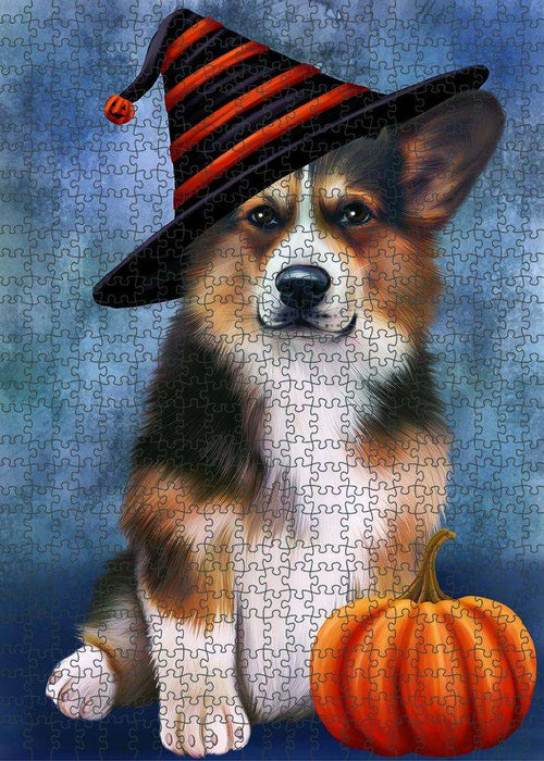 Happy Halloween Welsh Corgi Dog Wearing Witch Hat with Pumpkin Puzzle with Photo Tin PUZL86912