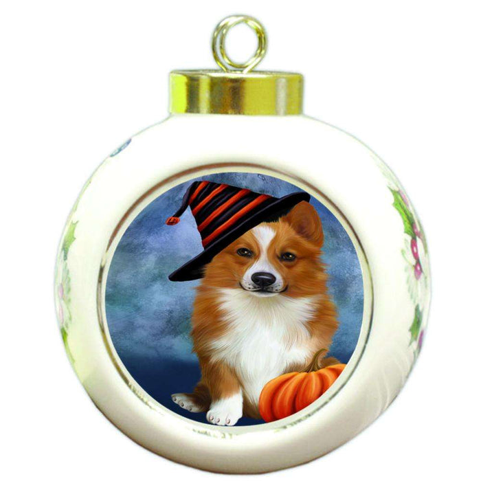 Happy Halloween Welsh Corgi Dog Wearing Witch Hat with Pumpkin Round Ball Christmas Ornament RBPOR54936