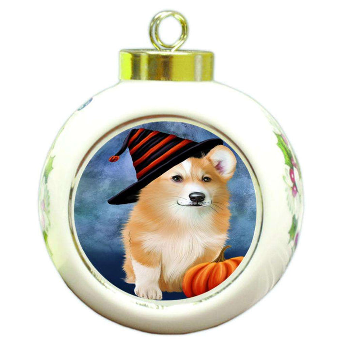 Happy Halloween Welsh Corgi Dog Wearing Witch Hat with Pumpkin Round Ball Christmas Ornament RBPOR54937