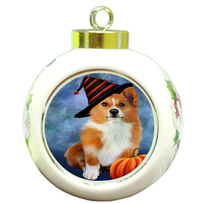 Happy Halloween Welsh Corgi Dog Wearing Witch Hat with Pumpkin Round Ball Christmas Ornament RBPOR54938