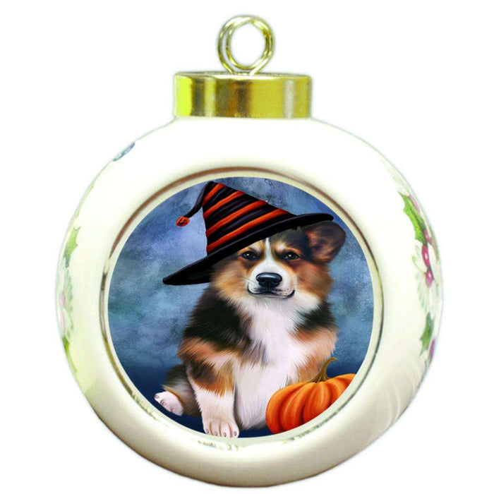 Happy Halloween Welsh Corgi Dog Wearing Witch Hat with Pumpkin Round Ball Christmas Ornament RBPOR54939