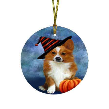 Happy Halloween Welsh Corgi Dog Wearing Witch Hat with Pumpkin Round Flat Christmas Ornament RFPOR54927