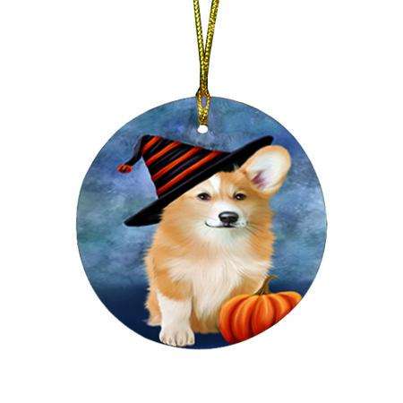 Happy Halloween Welsh Corgi Dog Wearing Witch Hat with Pumpkin Round Flat Christmas Ornament RFPOR54928