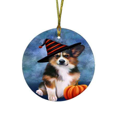 Happy Halloween Welsh Corgi Dog Wearing Witch Hat with Pumpkin Round Flat Christmas Ornament RFPOR54930