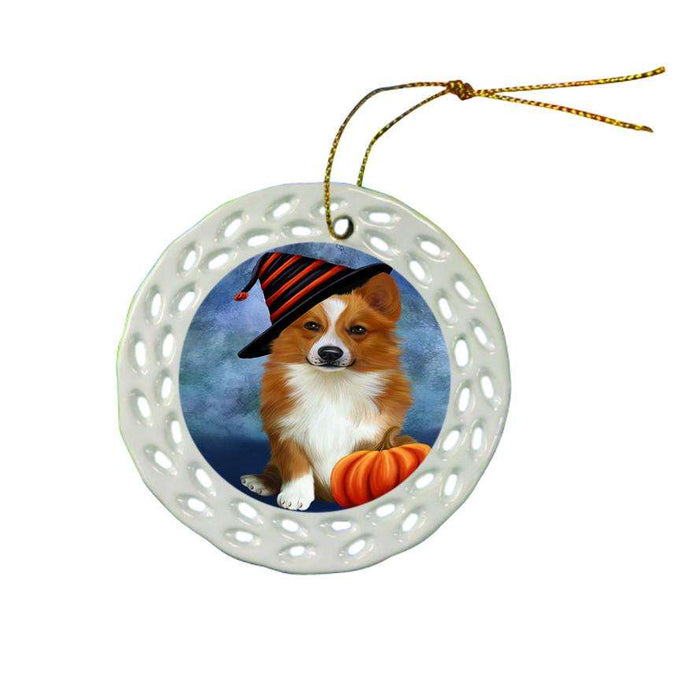 Happy Halloween Welsh Corgi Dog Wearing Witch Hat with Pumpkin Star Porcelain Ornament SPOR54927