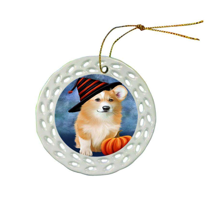 Happy Halloween Welsh Corgi Dog Wearing Witch Hat with Pumpkin Star Porcelain Ornament SPOR54928
