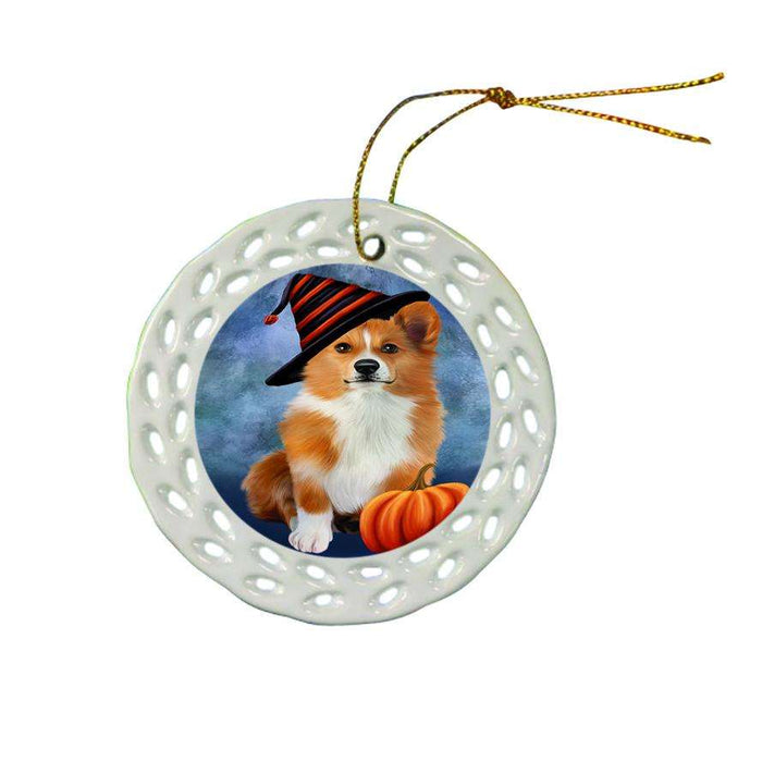 Happy Halloween Welsh Corgi Dog Wearing Witch Hat with Pumpkin Star Porcelain Ornament SPOR54929